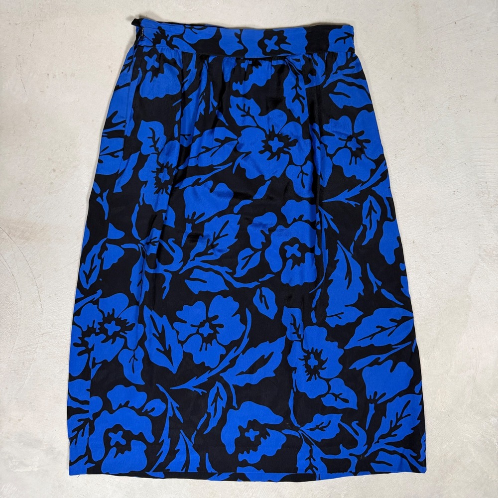 Christian Dior Separates‎ Vintage Floral Midi Skirt Blue Black Rayon Size 10